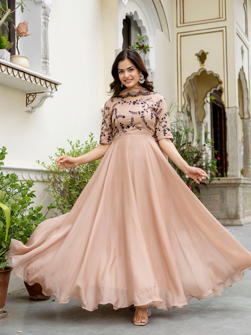 Beige Organza Embroidery Anarkali  Salwar Suit Set Kurta Set for Women's