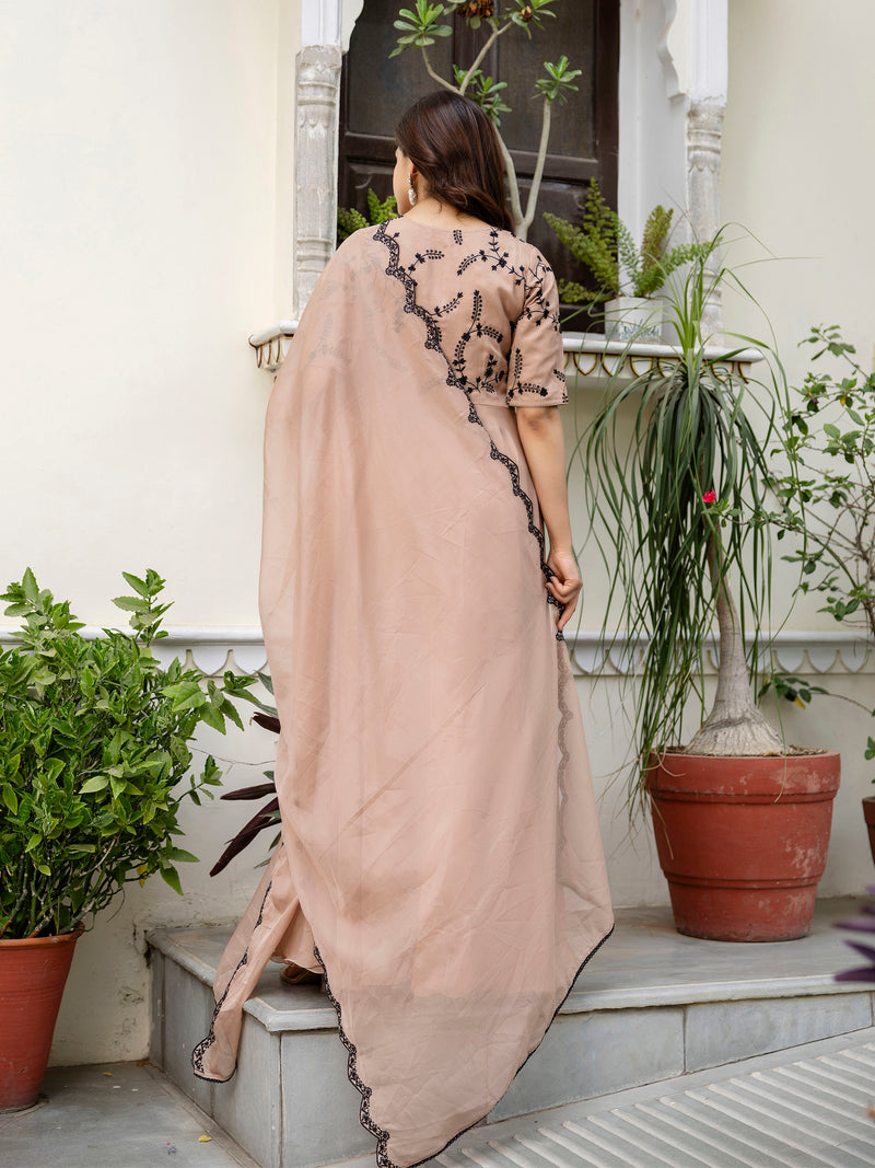 Beige Organza Embroidery Anarkali  Salwar Suit Set Kurta Set for Women's