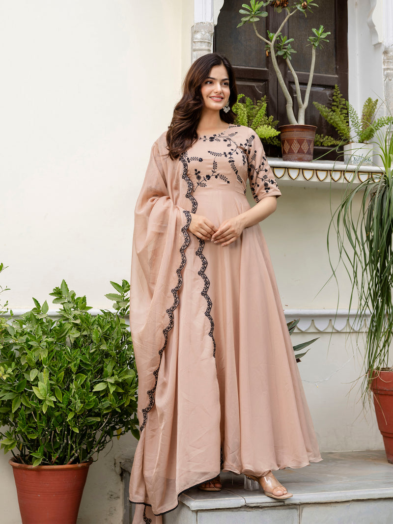 Beige Organza Embroidery Anarkali  Salwar Suit Set Kurta Set for Women's