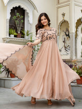 Beige Organza Embroidery Anarkali  Salwar Suit Set Kurta Set for Women's