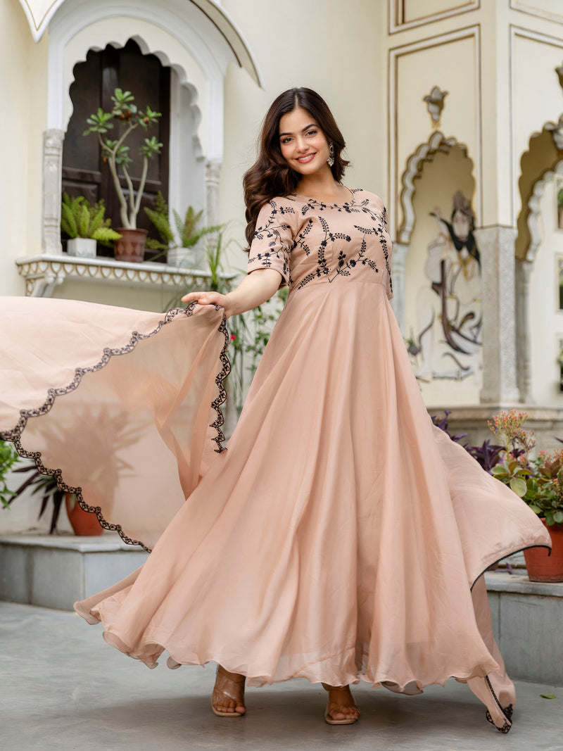 Beige Organza Embroidery Anarkali  Salwar Suit Set Kurta Set for Women's