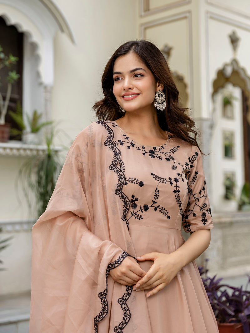 Beige Organza Embroidery Anarkali  Salwar Suit Set Kurta Set for Women's