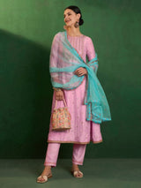 Light Pink Art Silk Embroidery work A line Kurta Pant Set with Dupatta For Women