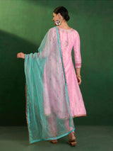 Light Pink Art Silk Embroidery work A line Kurta Pant Set with Dupatta For Women