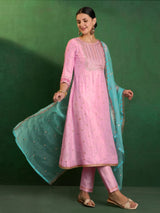 Light Pink Art Silk Embroidery work A line Kurta Pant Set with Dupatta For Women