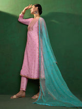 Light Pink Art Silk Embroidery work A line Kurta Pant Set with Dupatta For Women