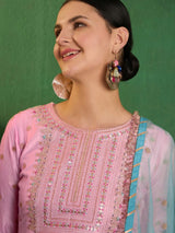 Light Pink Art Silk Embroidery work A line Kurta Pant Set with Dupatta For Women