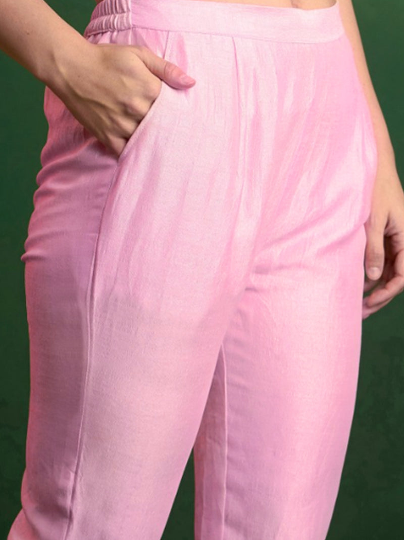 Light Pink Art Silk Embroidery work A line Kurta Pant Set with Dupatta For Women