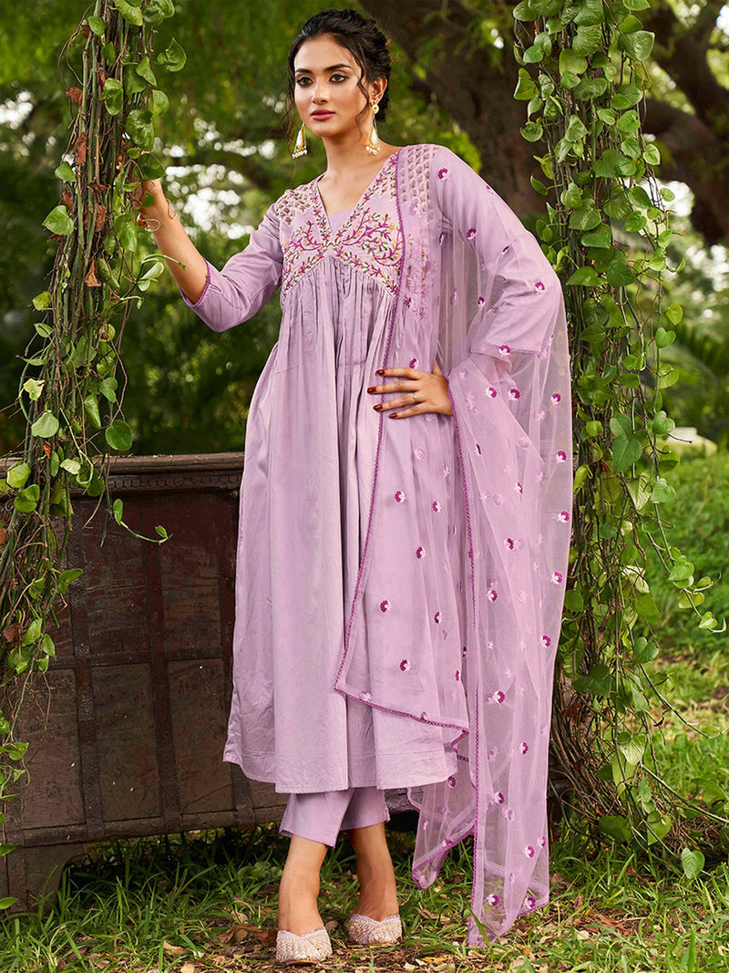 Purple Chanderi Silk Embroidery A line Alia Cut Salwar Suit Set with Dupatta For Women's