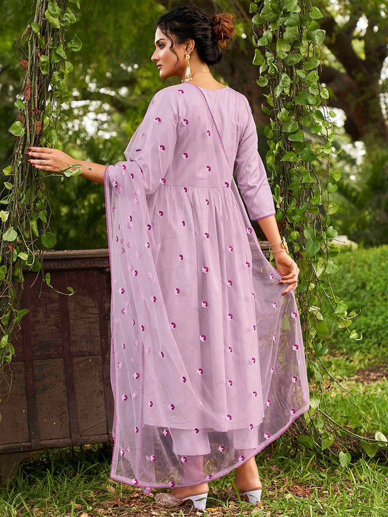 Purple Chanderi Silk Embroidery A line Alia Cut Salwar Suit Set with Dupatta For Women's