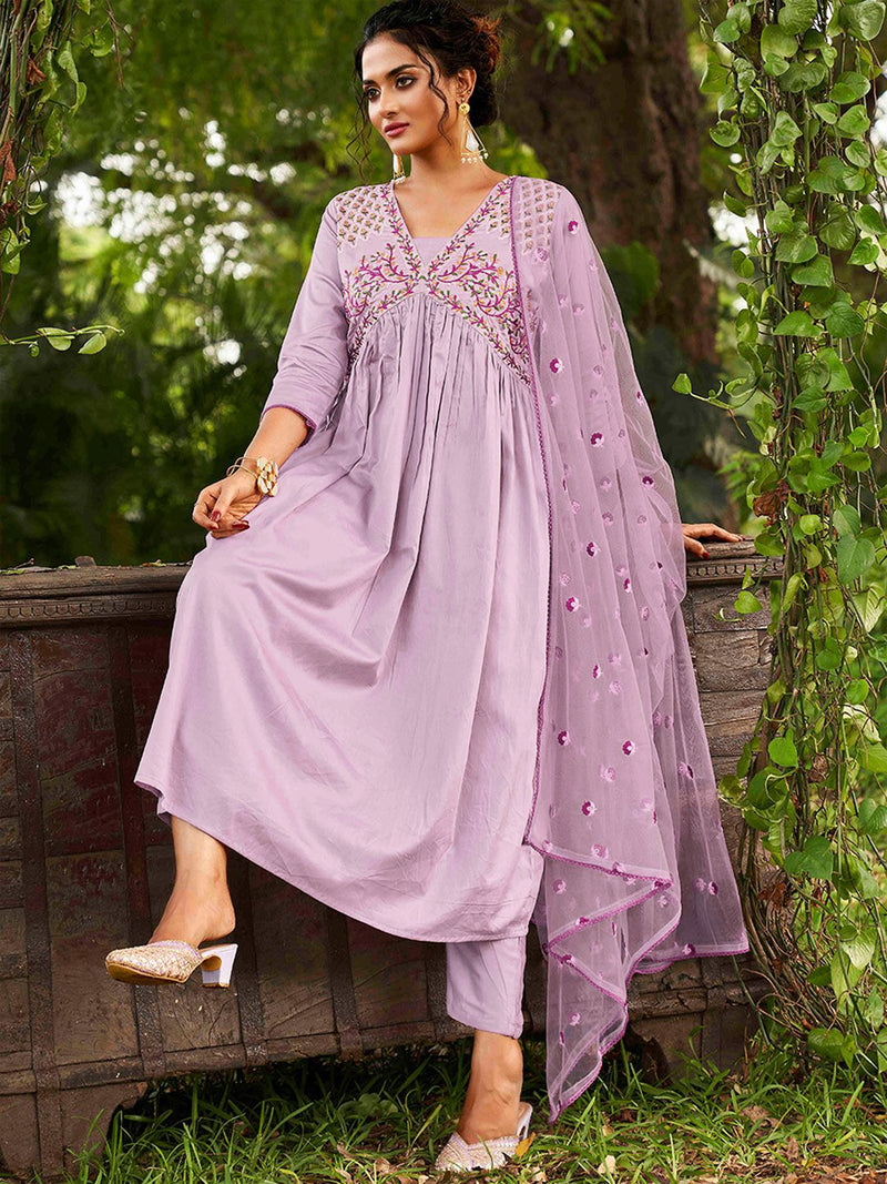 Purple Chanderi Silk Embroidery A line Alia Cut Salwar Suit Set with Dupatta For Women's