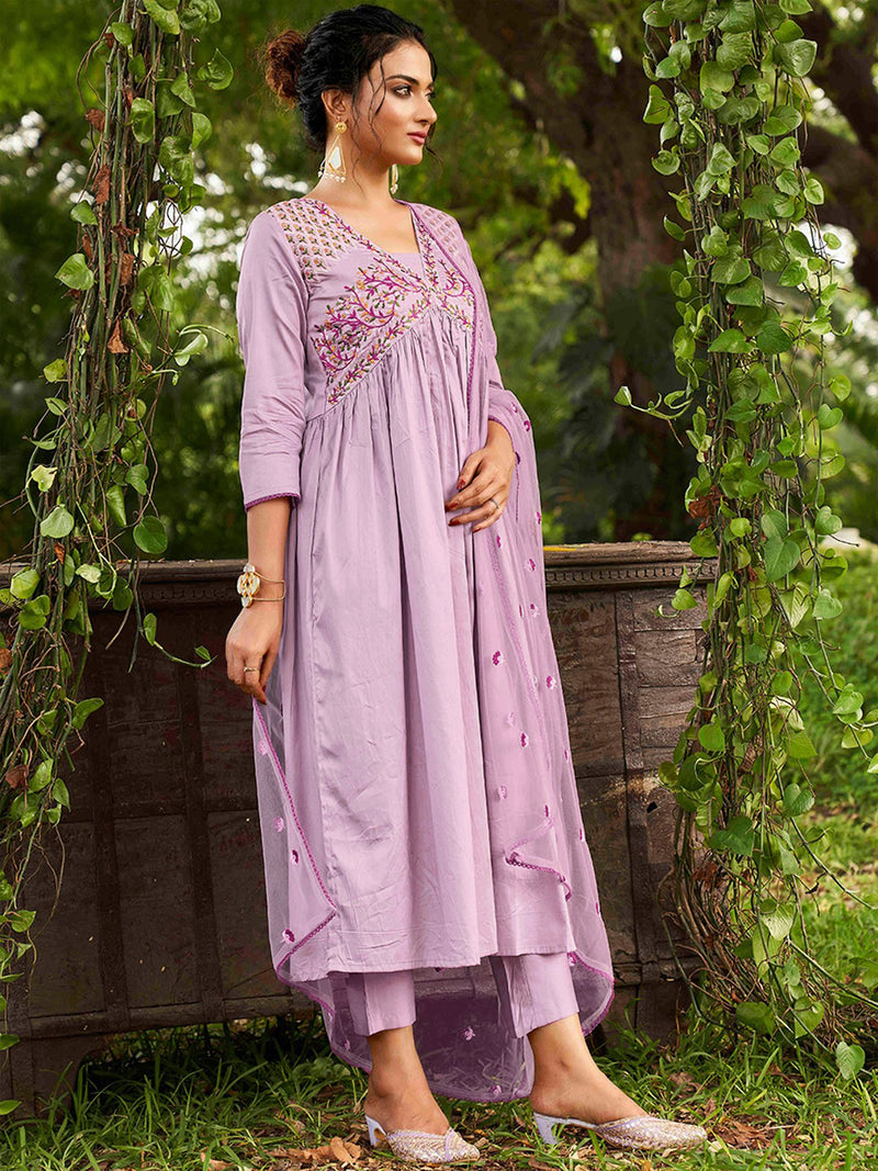 Purple Chanderi Silk Embroidery A line Alia Cut Salwar Suit Set with Dupatta For Women's