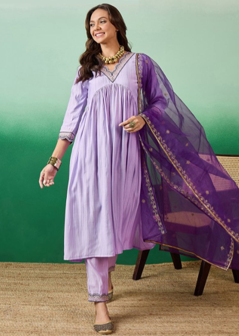 Light Purple Chanderi Embroidery Salwar Suit with Dupatta Set For Women's
