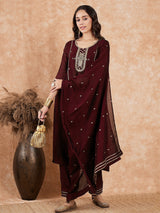 Maroon Art Silk Embroidery Salwar Suit Set for Women