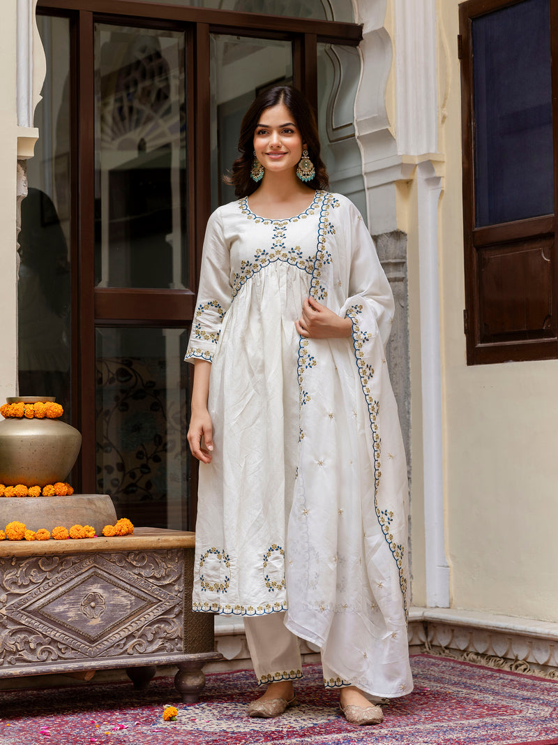 White Chanderi Silk Embroidery A line Alia Cut Salwar Suit Set  with Dupatta For Women's