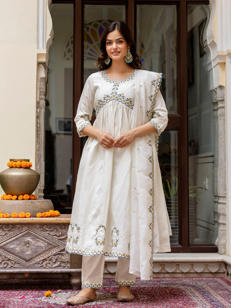 White Chanderi Silk Embroidery A line Alia Cut Salwar Suit Set  with Dupatta For Women's