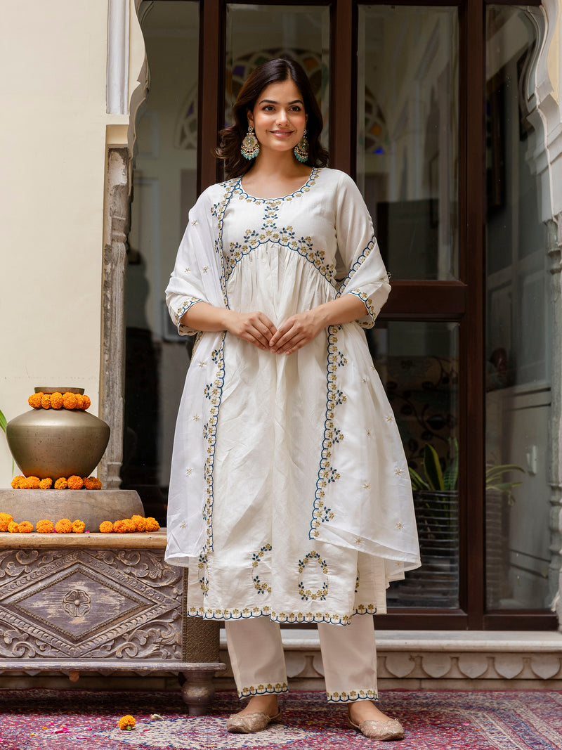 White Chanderi Silk Embroidery A line Alia Cut Salwar Suit Set  with Dupatta For Women's