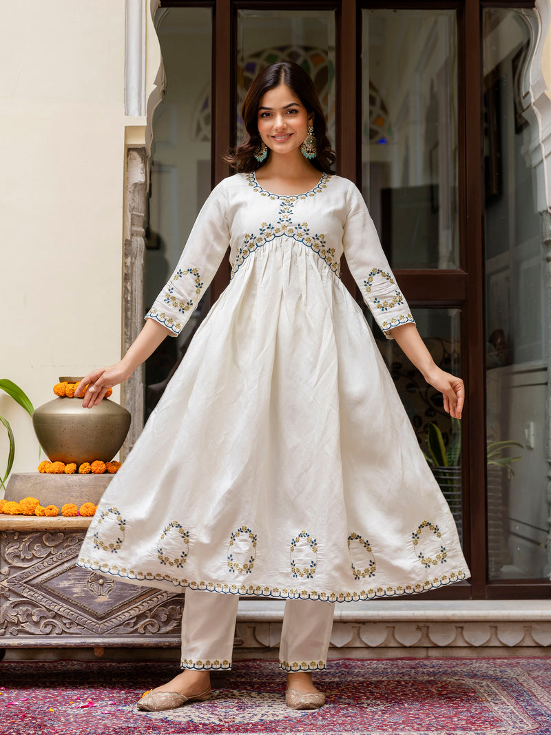 White Chanderi Silk Embroidery A line Alia Cut Salwar Suit Set  with Dupatta For Women's