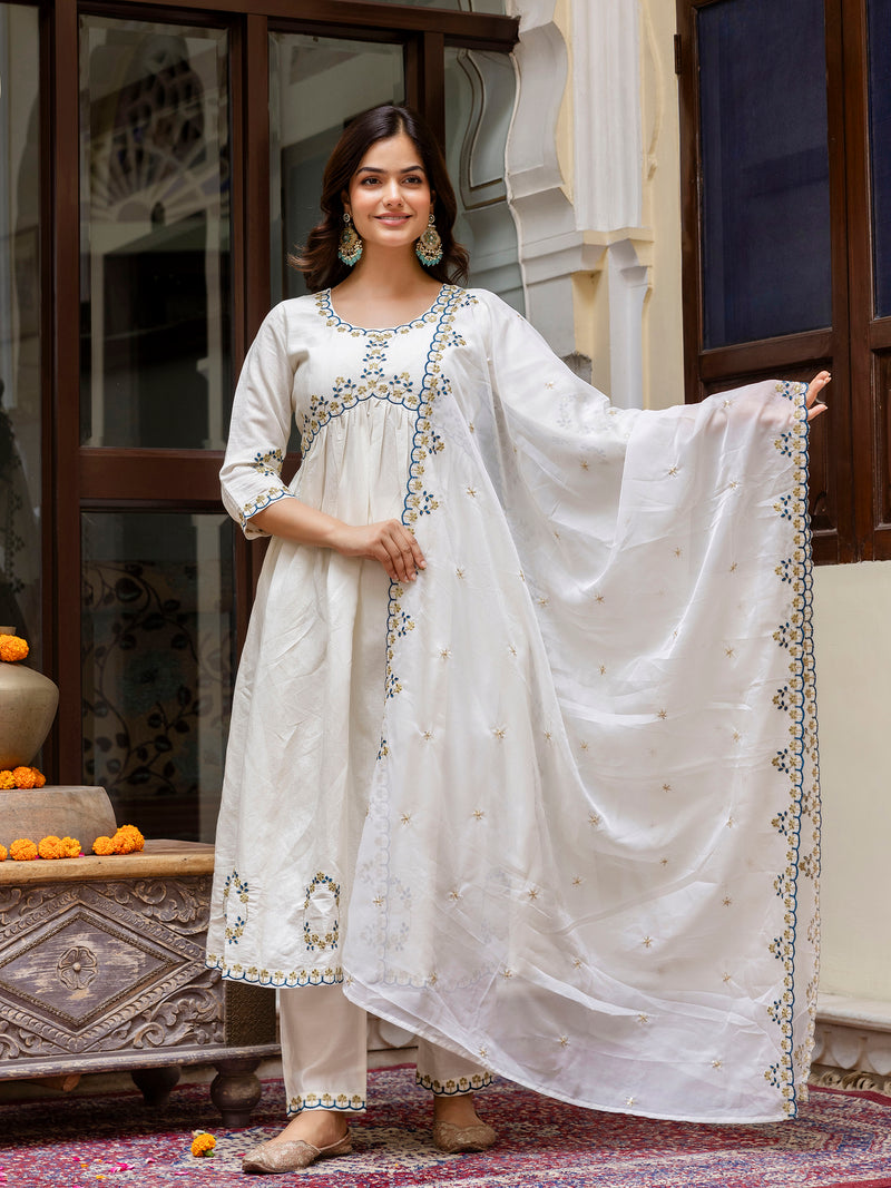 White Chanderi Silk Embroidery A line Alia Cut Salwar Suit Set  with Dupatta For Women's