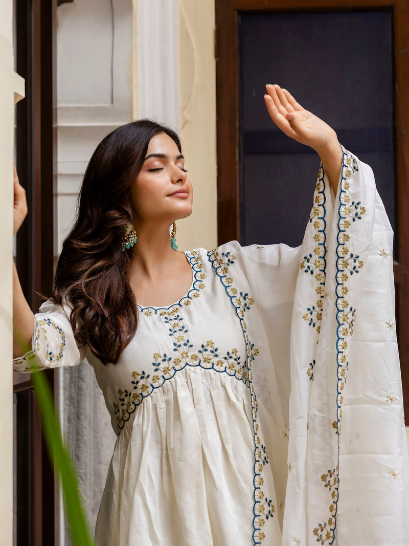 White Chanderi Silk Embroidery A line Alia Cut Salwar Suit Set  with Dupatta For Women's