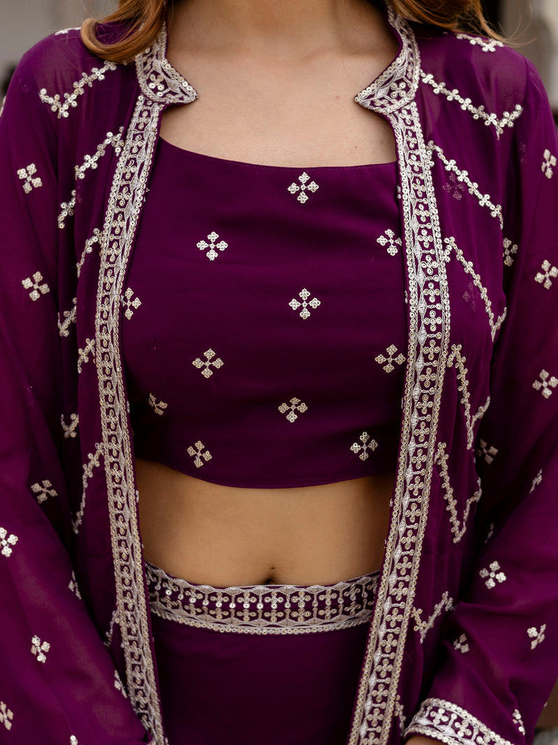 Georgette Embroidery Crop Top Shrug Lehenga Set for Women