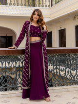 Crop Top Skirt Shrug Set for Women-Georgette Embroidery Lehenga Crop Top with Shrug Suit Set for Women