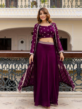 Crop Top Skirt Shrug Set for Women-Georgette Embroidery Lehenga Crop Top with Shrug Suit Set for Women