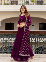 Crop Top Skirt Shrug Set for Women-Georgette Embroidery Lehenga Crop Top with Shrug Suit Set for Women
