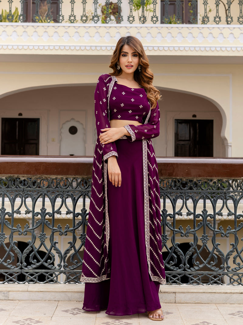 Georgette Embroidery Crop Top Shrug Lehenga Set for Women