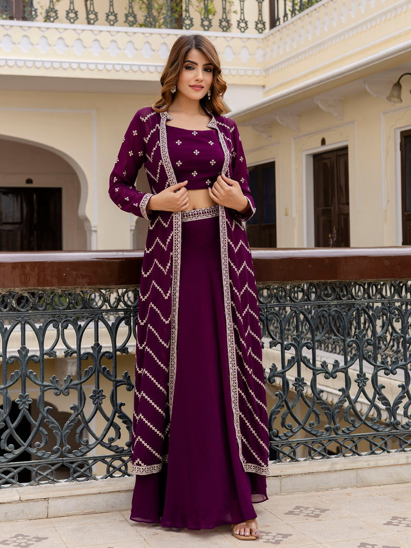Georgette Embroidery Crop Top Shrug Lehenga Set for Women