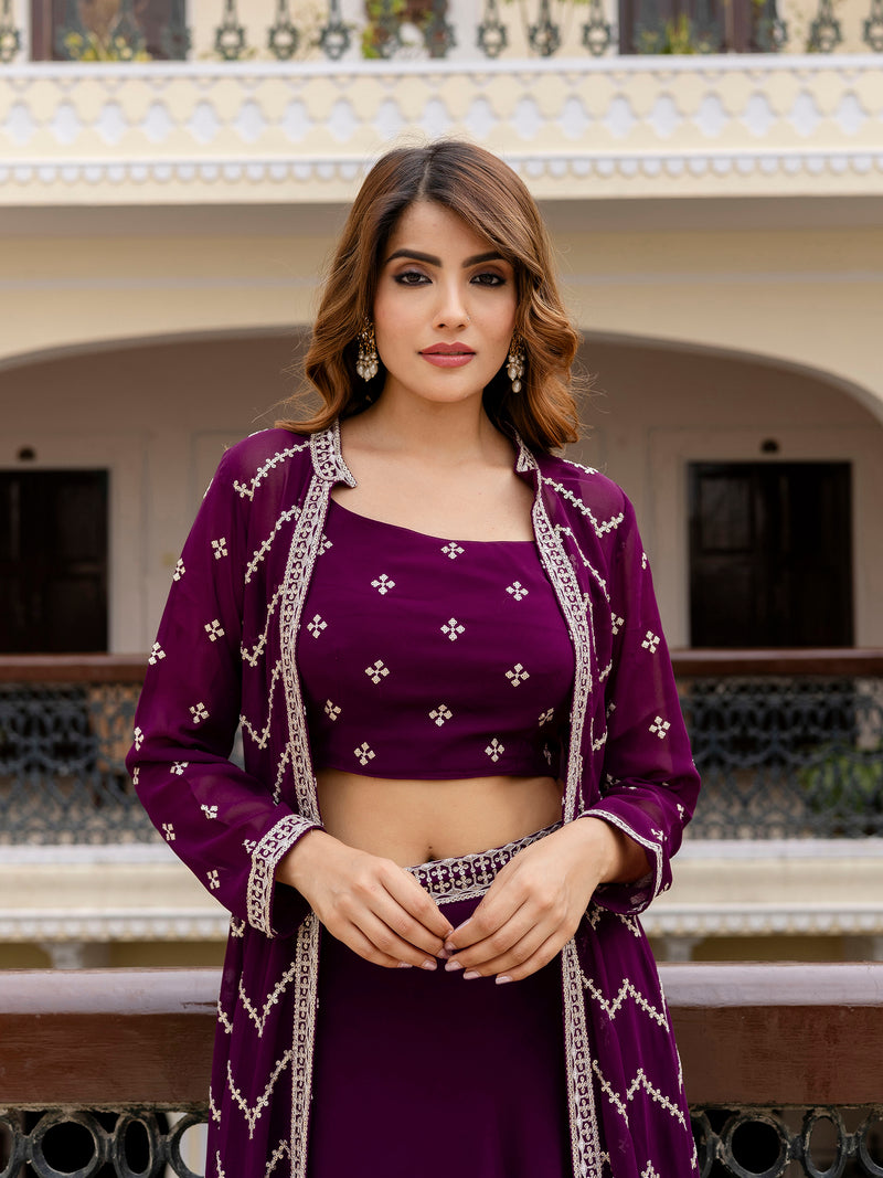 Georgette Embroidery Crop Top Shrug Lehenga Set for Women
