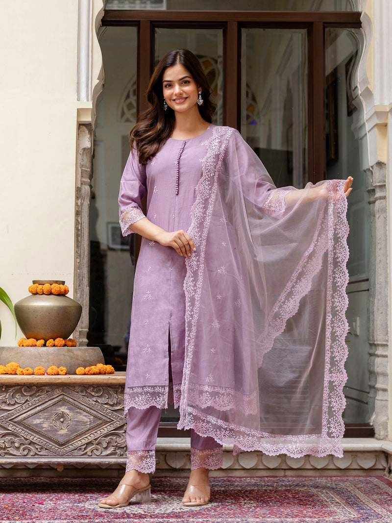 Light Purpel Art Silk Embroidery A line Salwar Suit with Dupatta  Set For Woman's