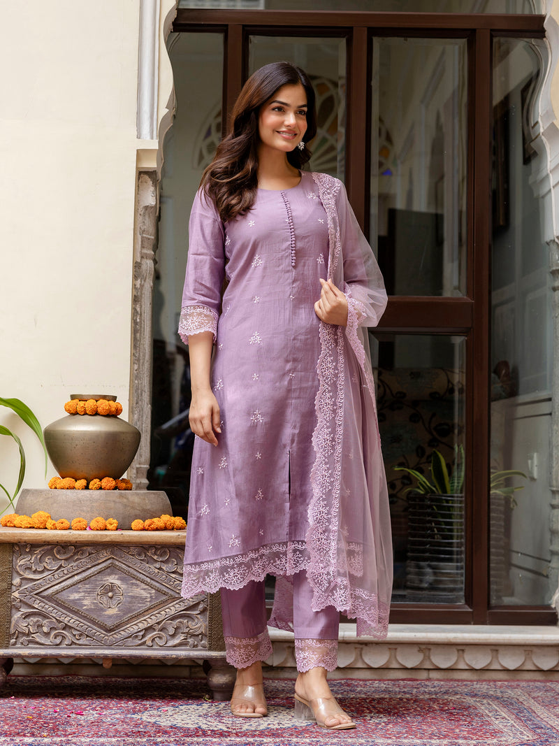 Light Purpel Art Silk Embroidery A line Salwar Suit with Dupatta  Set For Woman's