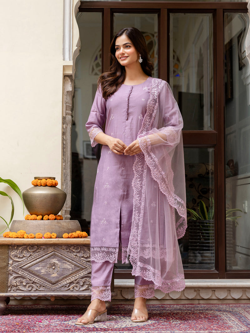 Light Purpel Art Silk Embroidery A line Salwar Suit with Dupatta  Set For Woman's