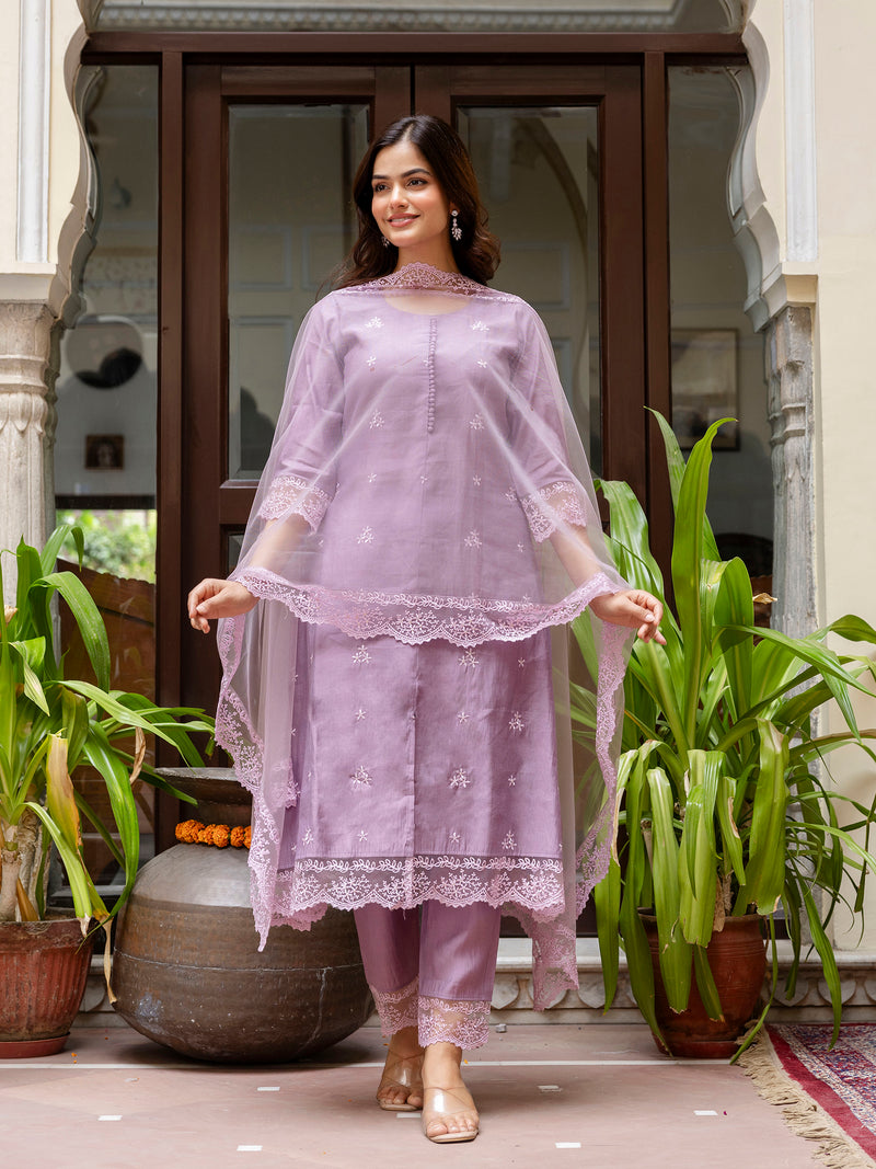 Light Purpel Art Silk Embroidery A line Salwar Suit with Dupatta  Set For Woman's