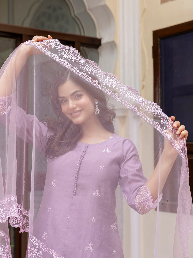 Light Purpel Art Silk Embroidery A line Salwar Suit with Dupatta  Set For Woman's