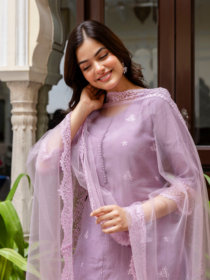 Light Purpel Art Silk Embroidery A line Salwar Suit with Dupatta  Set For Woman's