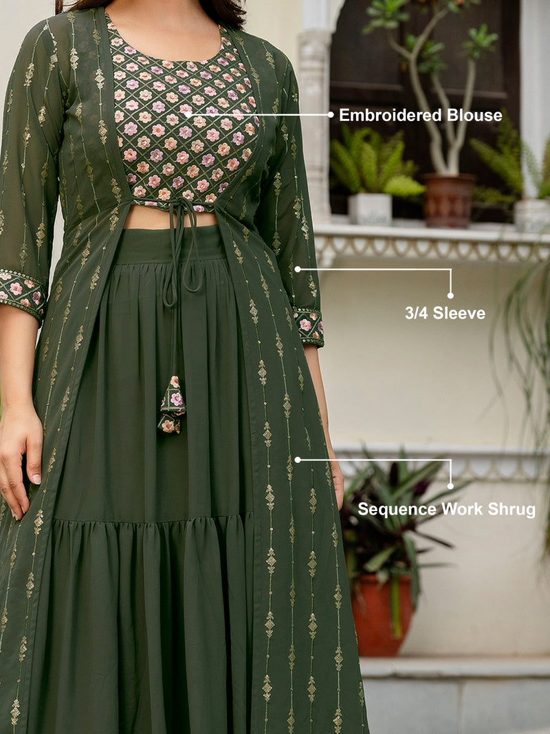 Women's Georgette Sequin Embroidery Crop Top Lehenga with Shrug Suit Set Ethnic Fusion Wear