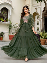 Women's Georgette Sequin Embroidery Crop Top Lehenga with Shrug Suit Set Ethnic Fusion Wear