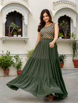 Women's Georgette Sequin Embroidery Crop Top Lehenga with Shrug Suit Set Ethnic Fusion Wear