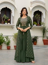 Women's Georgette Sequin Embroidery Crop Top Lehenga with Shrug Suit Set Ethnic Fusion Wear