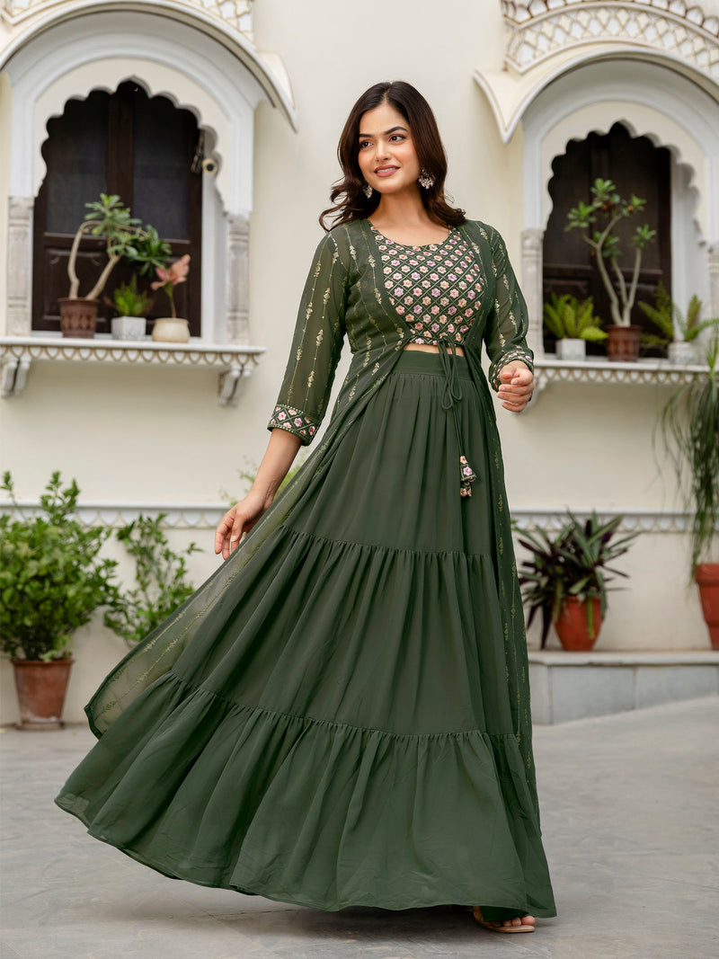 Women's Georgette Sequin Embroidery Crop Top Lehenga with Shrug Suit Set Ethnic Fusion Wear