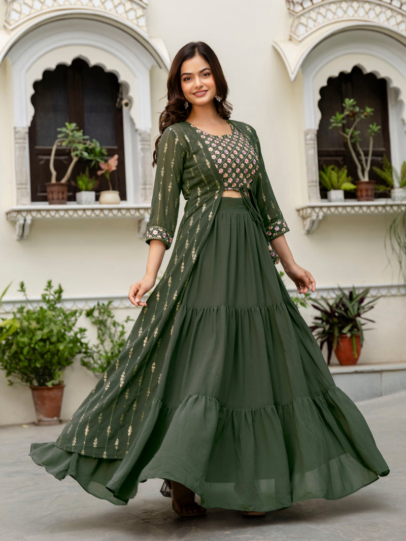 Women's Georgette Sequin Embroidery Crop Top Lehenga with Shrug Suit Set Ethnic Fusion Wear