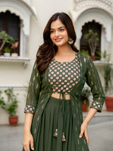 Women's Georgette Sequin Embroidery Crop Top Lehenga with Shrug Suit Set Ethnic Fusion Wear