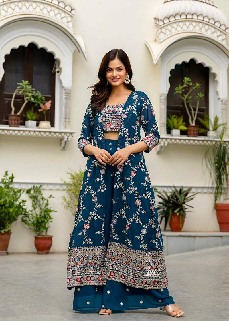 Women's Georgette Embroidery Crop Top with Flared Palazzo and Shrug Set