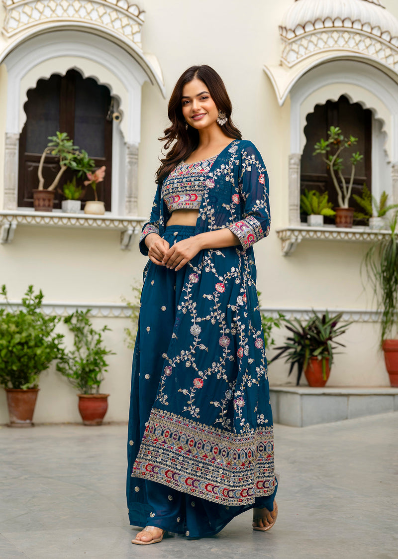Women's Georgette Embroidery Crop Top with Flared Palazzo and Shrug Set