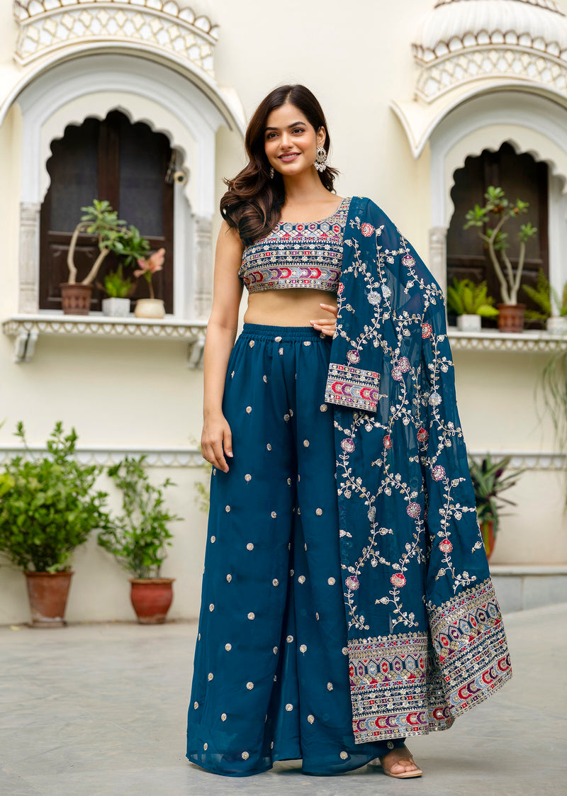 Women's Georgette Embroidery Crop Top with Flared Palazzo and Shrug Set