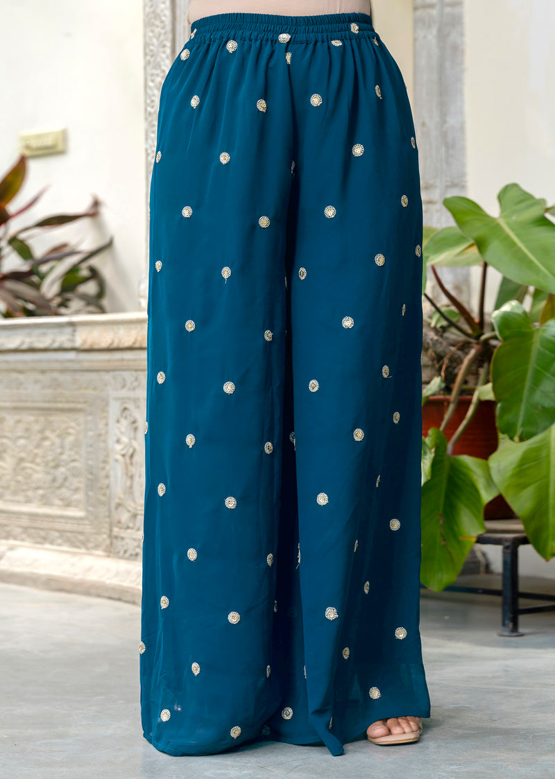 Women's Georgette Embroidery Crop Top with Flared Palazzo and Shrug Set