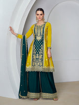 Women's Art Silk Sequins Embroidery Salwar Suit Set Kurta Sharara with Dupatta Kurta Palazzo Set
