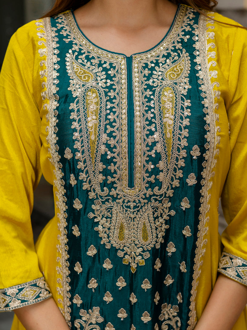 Women's Art Silk Sequins Embroidery Salwar Suit Set Kurta Sharara with Dupatta Kurta Palazzo Set